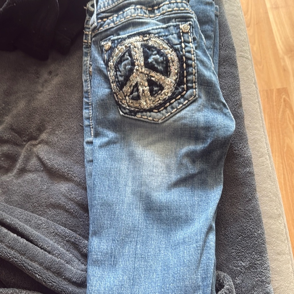 Miss Me Signature Bootcut Peace Sign Bling Jeans
